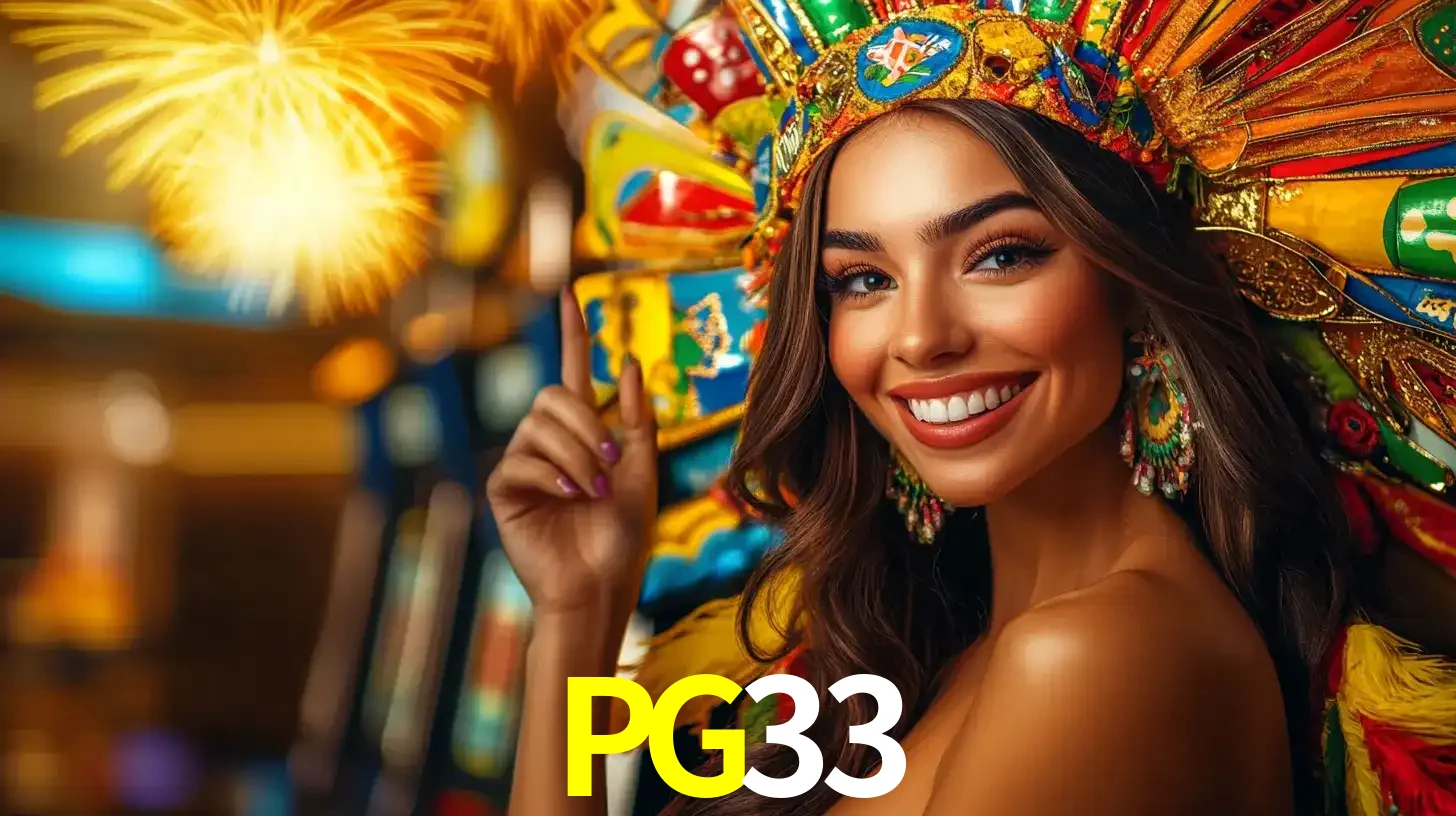 Mulher sorridente com um cocar de carnaval vibrante e colorido, celebrando uma grande vitória nos jogos do cassino PG33 com fogos de artifício ao fundo.