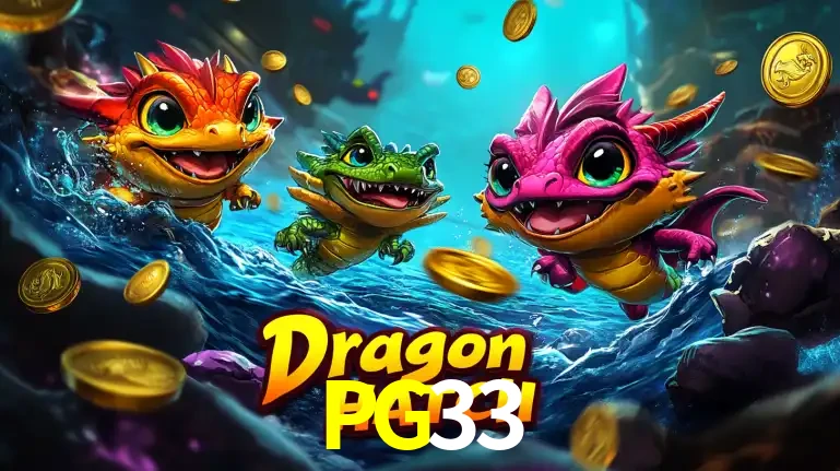 Arte promocional do jogo Dragon Hatch com três adoráveis dragões bebês nadando entre moedas de ouro, um dos slots mais divertidos para jogar no cassino PG33.