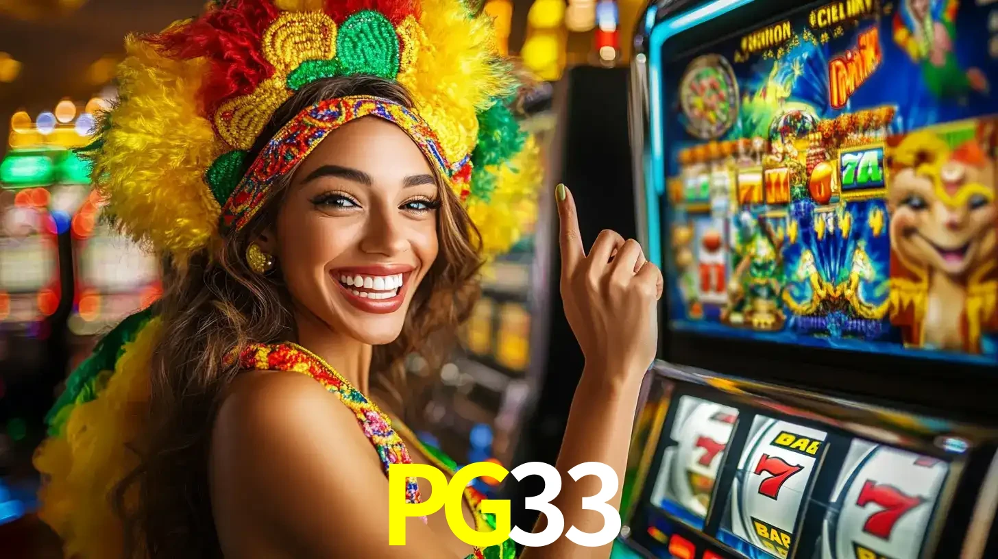 Mulher animada com um cocar de carnaval apontando para uma máquina de caça-níqueis, mostrando a emoção de ganhar um grande prêmio nos jogos do PG33.