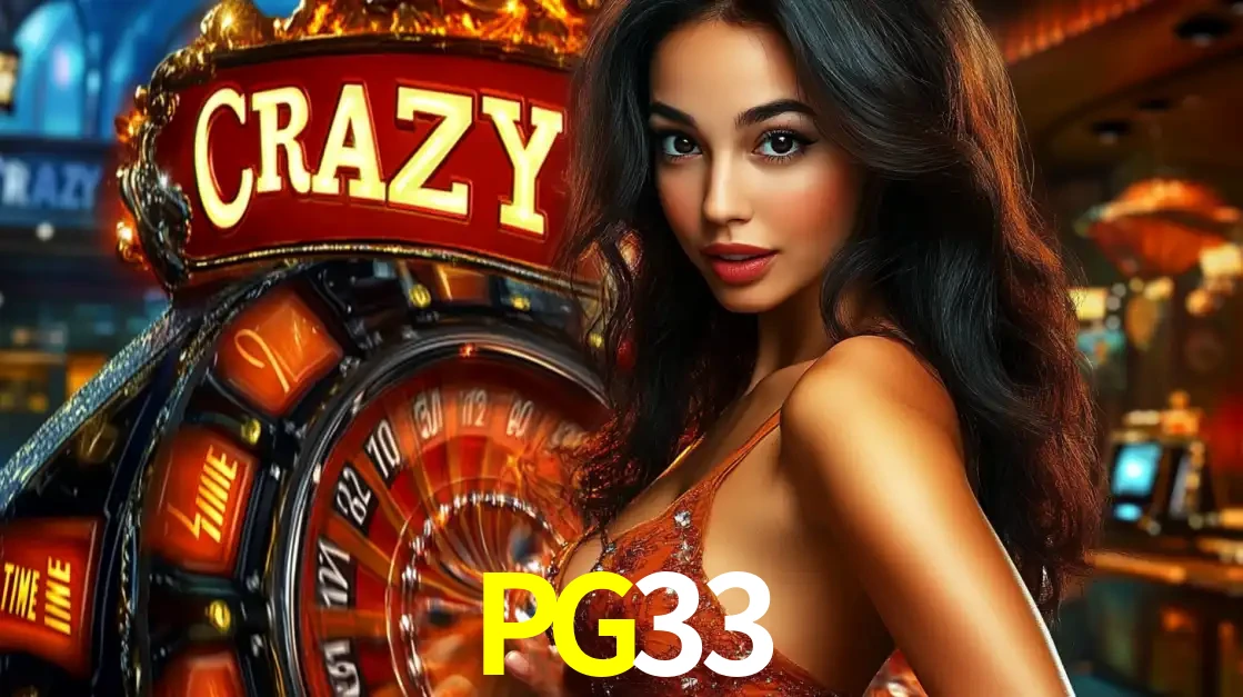 Mulher glamourosa olhando para a câmera com a roda vermelha do Crazy Time ao fundo em um ambiente de cassino, destacando a emoção dos jogos ao vivo no PG33.