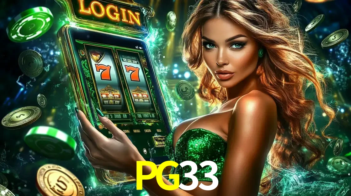 Mulher com tema verde apresentando o aplicativo do cassino PG33 com um jogo de slot de 777, cercada por fichas de cassino e uma aura de sorte.