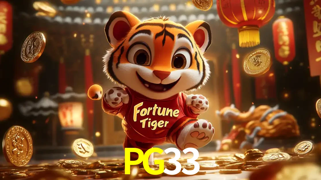 O alegre personagem do Fortune Tiger correndo sobre um caminho de moedas de ouro, simbolizando os grandes prêmios e a diversão do popular jogo de slot do PG33.