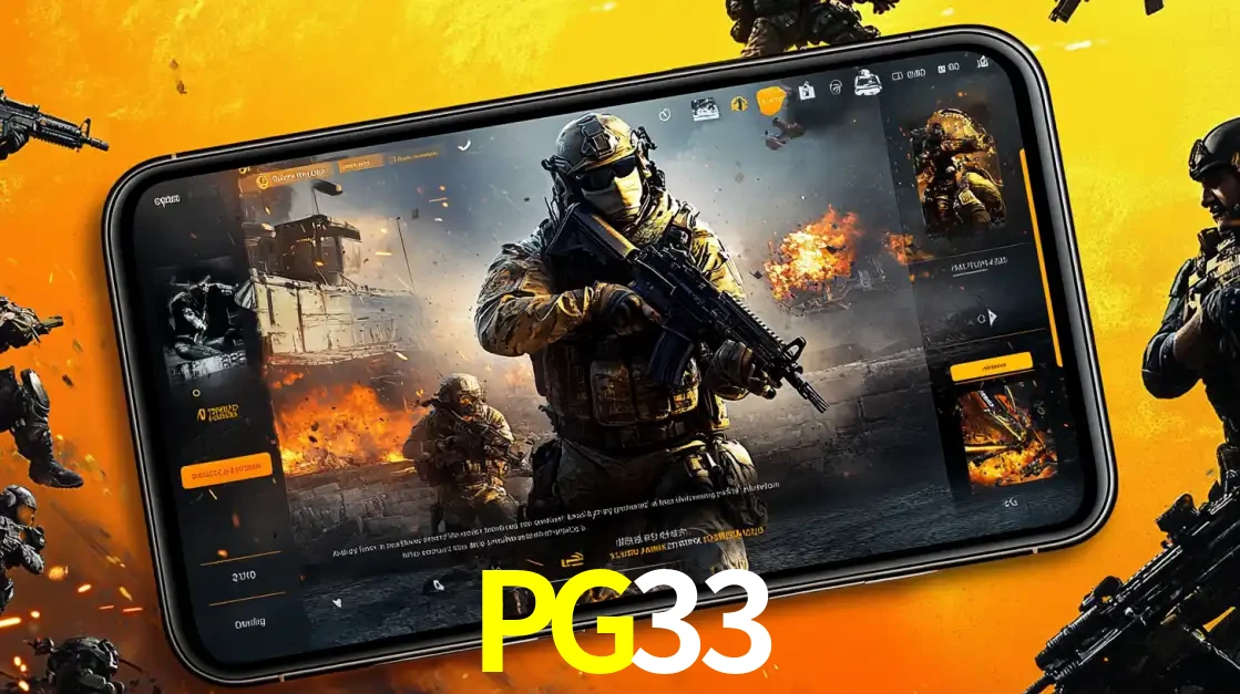 Um smartphone exibindo a interface de um jogo de tiro em primeira pessoa, com um soldado em um cenário de batalha, representando a ação dos e-sports para apostar no PG33.