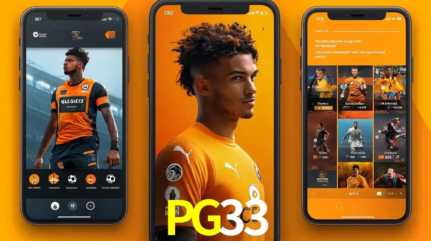 Interface do aplicativo de apostas esportivas PG33 em três telas de celular, mostrando o perfil de um jogador de futebol e a lista de jogos disponíveis para apostar.