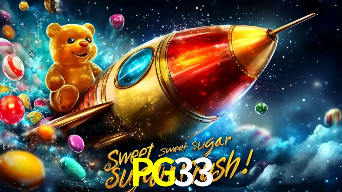 Arte promocional do jogo de slot Sugar Rush, com um urso de pelúcia em um foguete viajando pelo espaço de doces, um dos jogos divertidos disponíveis no cassino PG33.