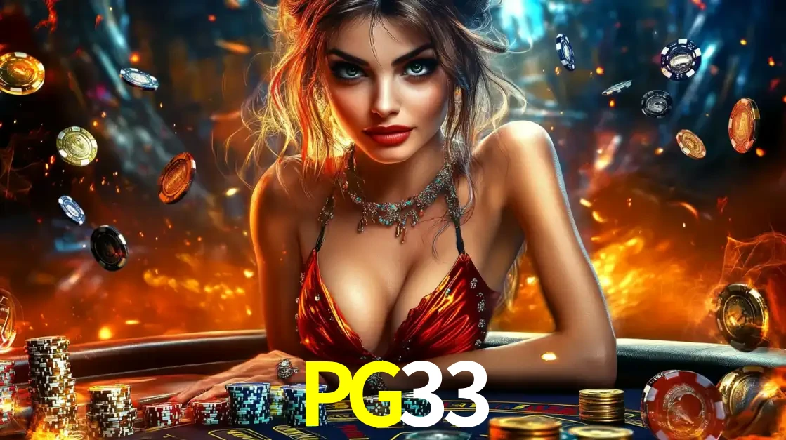 Mulher em uma mesa de cassino com pilhas de fichas e um fundo de fogo, pronta para uma rodada de altas apostas nos jogos de mesa emocionantes do cassino PG33.