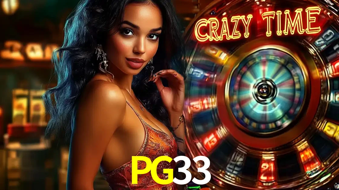 Mulher elegante ao lado da vibrante roda da fortuna do jogo de cassino ao vivo Crazy Time, um dos game shows mais populares e cheios de prêmios do PG33.