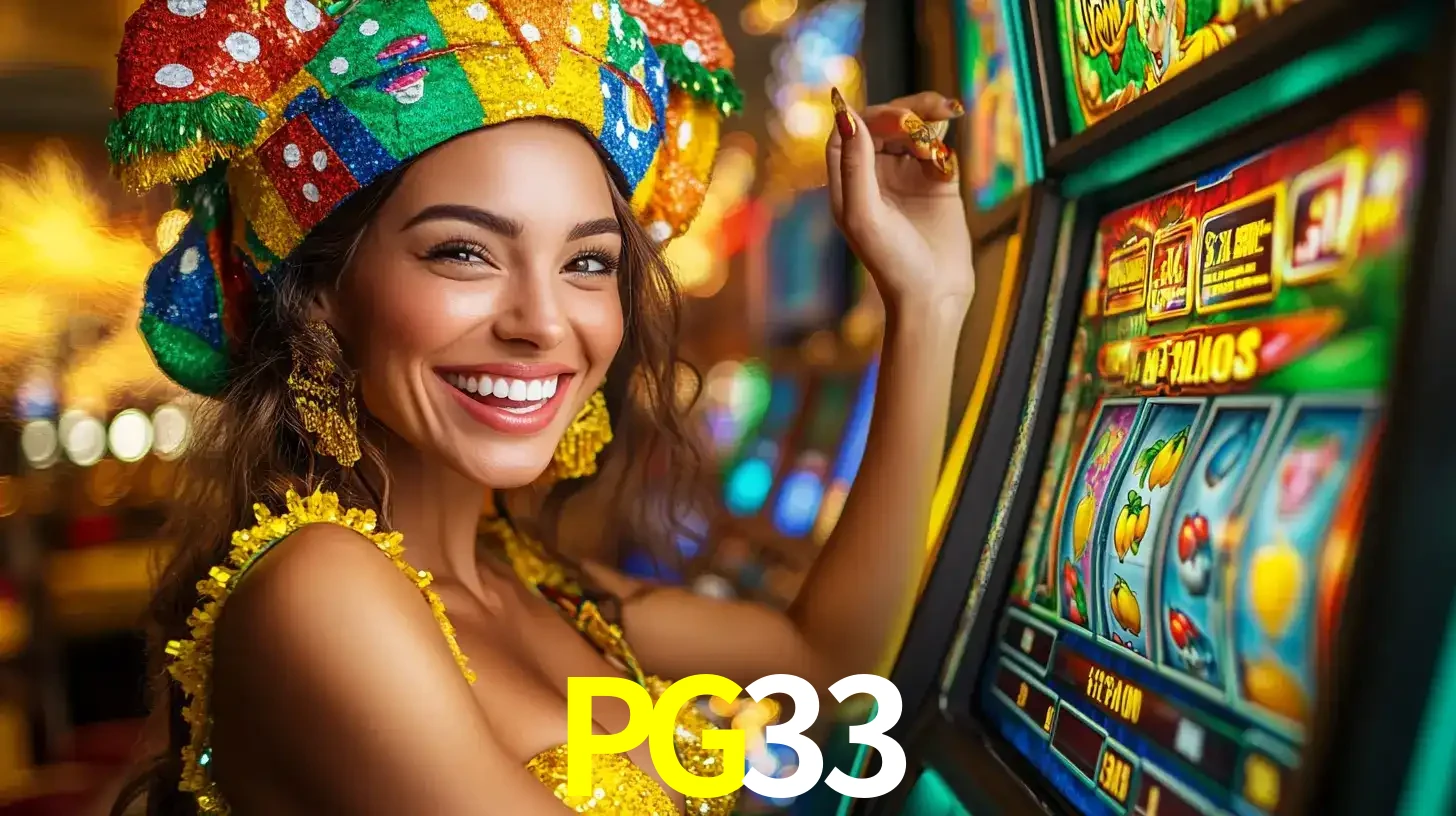 Mulher feliz com traje de carnaval amarelo e colorido ao lado de uma máquina de caça-níqueis, aproveitando a diversão e os jogos temáticos do cassino PG33.