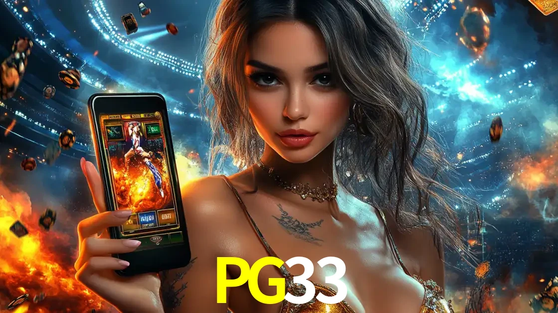 Mulher segurando um celular com um jogo de slot em destaque, tendo como fundo um estádio vibrante, simbolizando a emoção de jogar no cassino móvel PG33.