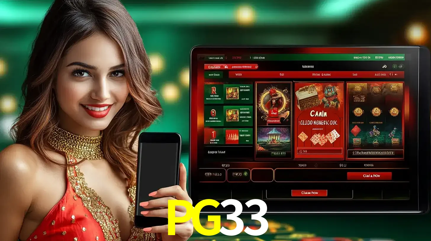 Mulher sorridente segurando um smartphone, ao lado de uma tela exibindo o lobby de jogos do cassino online PG33, com várias opções de jogos de cartas e slots.